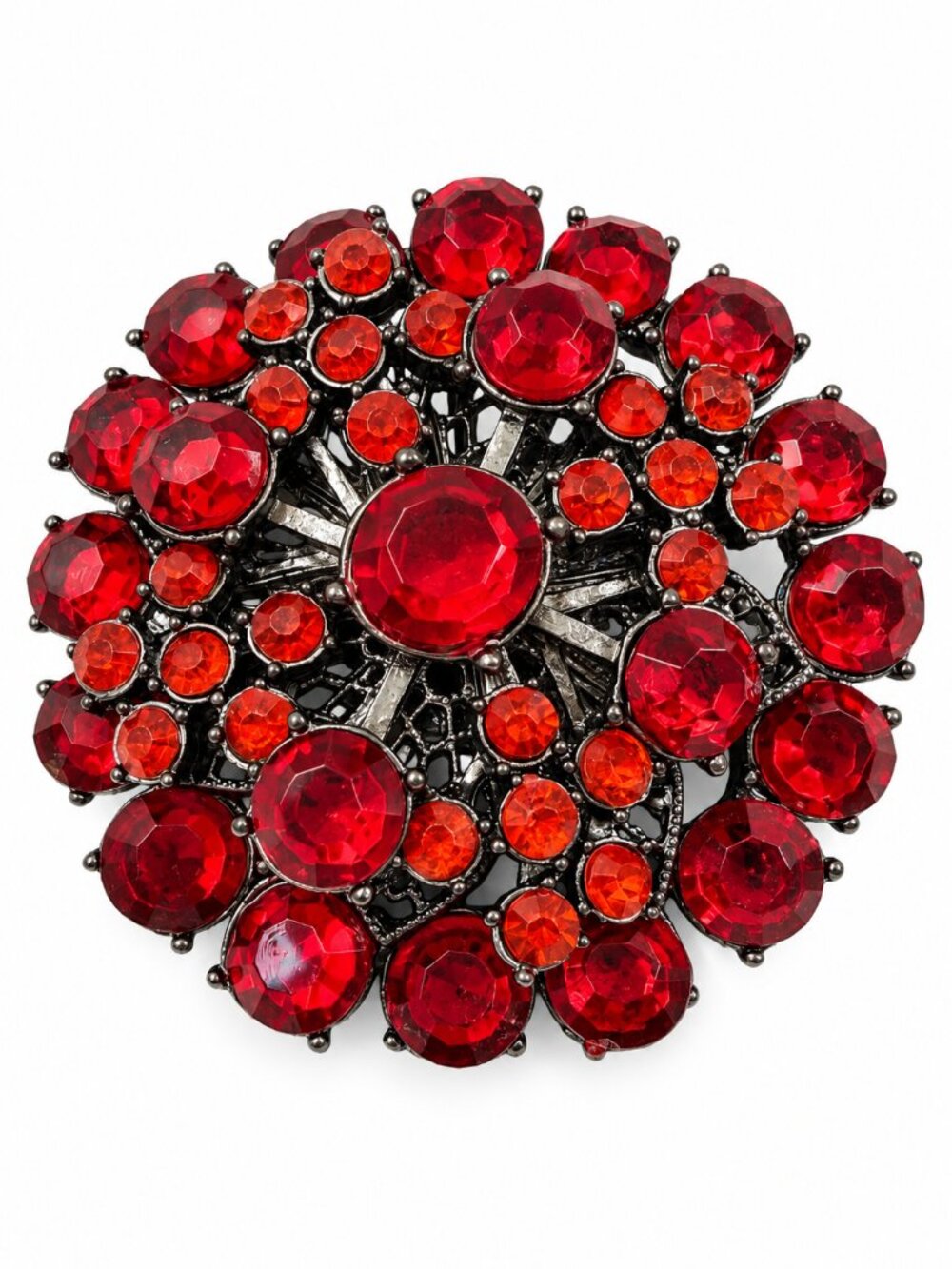Vintage Red Rhinestone Domed Cluster Starburst Statement Brooch